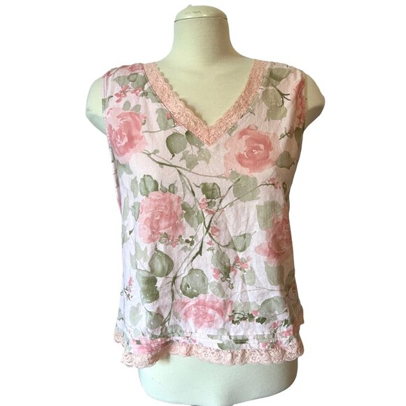 Vintage 90's Norton Studio Linen & Lace Blouse Sz Large Womens Pink Floral Tank - Picture 1 of 8